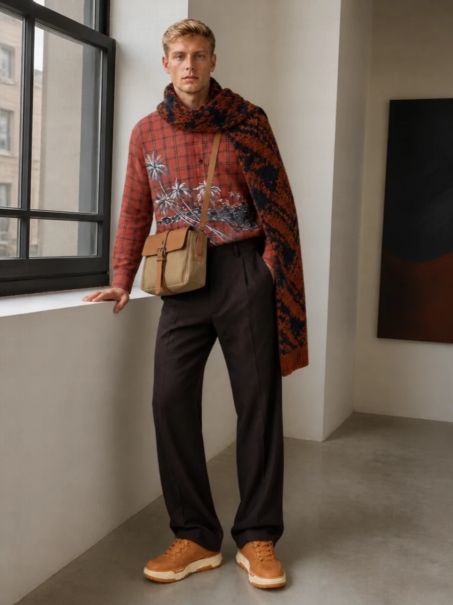 Amiri’s rust cropped shirt sits against deep espresso pleated trousers for a warm, cinematic take on street tailoring. Tan and cream court sneakers and a khaki canvas crossbody keep the palette grounded and easy. A rust toned houndstooth scarf adds volume and texture, riffing subtly on the checks without stealing attention from the shirt’s artwork.