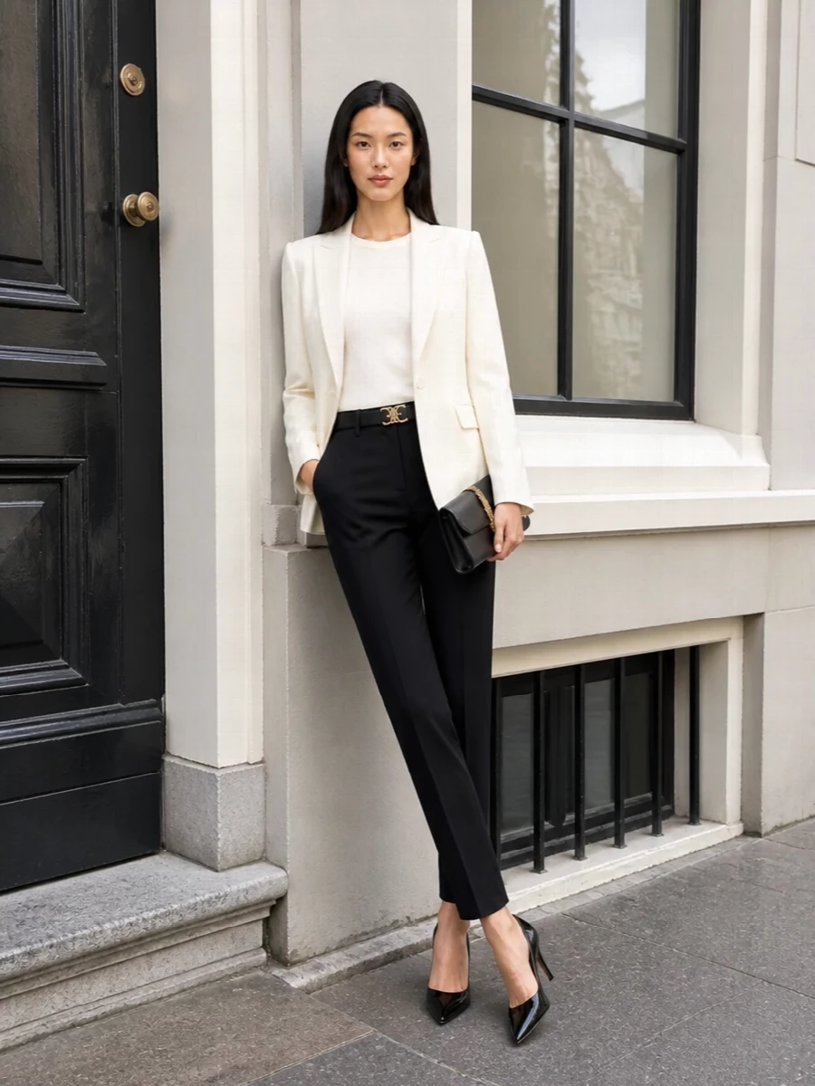 Sharp black tailoring softened by an ivory blazer keeps this outfit right on the line between boardroom and late dinner. The high-waisted slim trousers, glossy pumps and compact clutch carve a long, clean column, while the signature belt adds just enough gold to feel intentional rather than flashy. It is a precise, monochrome pairing that reads quietly confident from first meeting to final drink.