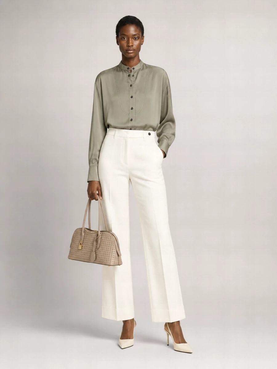 Brunello Cucinelli Silk Satin Mandarin Collar Long-Sleeve Shirt