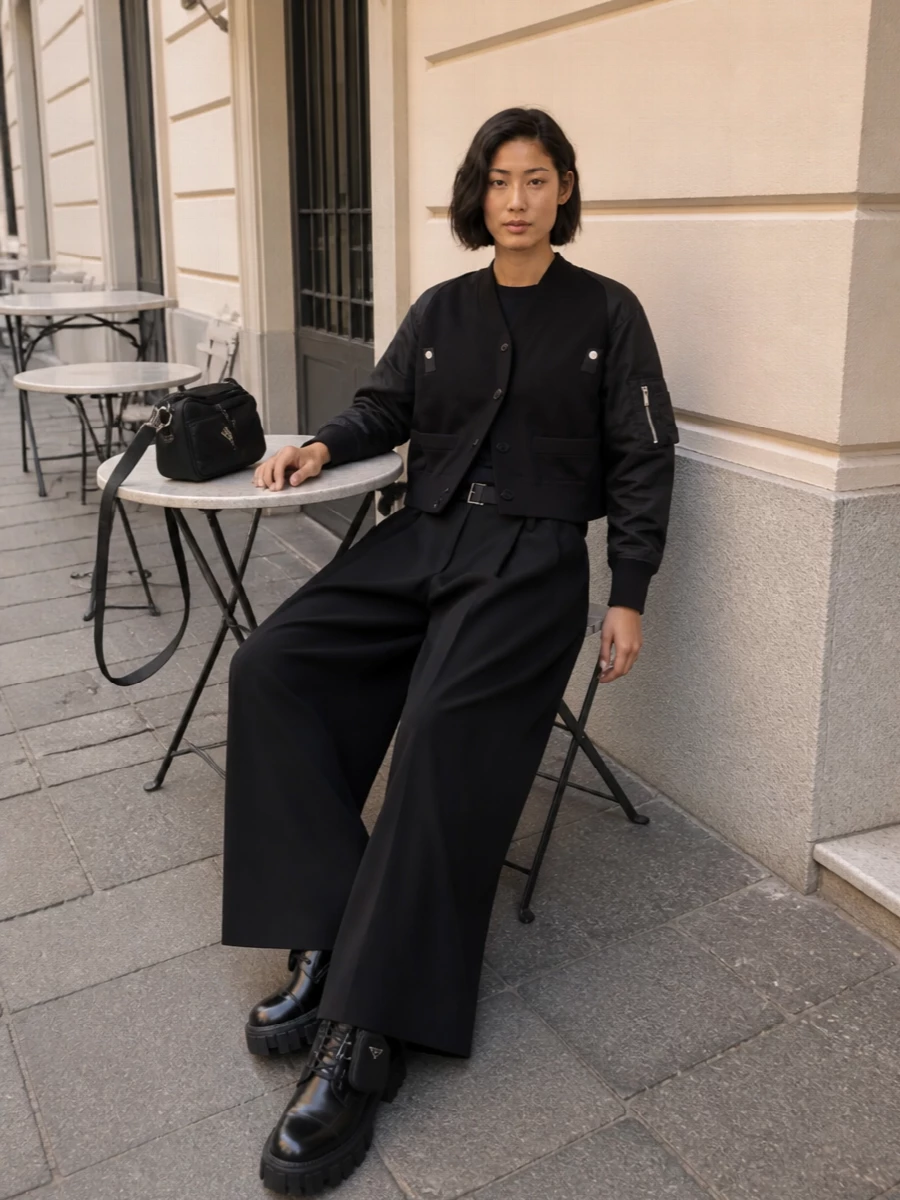 Sacai bomber wide leg trousers prada boots