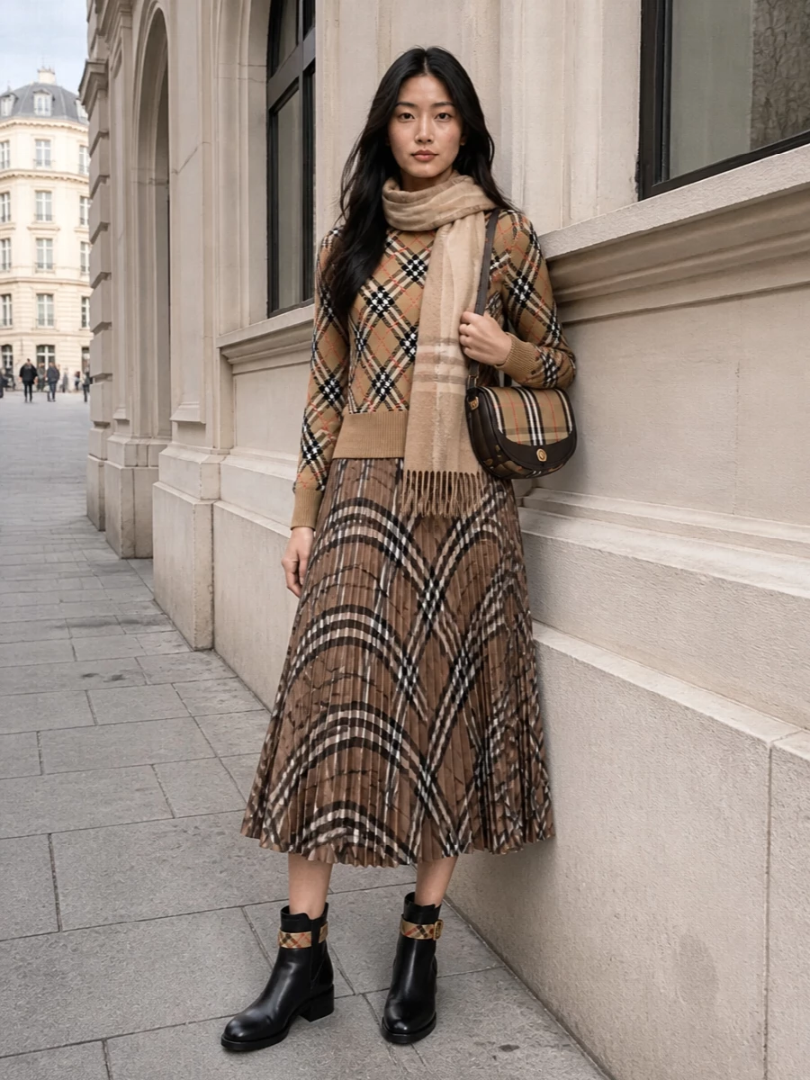 Burberry camel argyle sweater pleated check midi