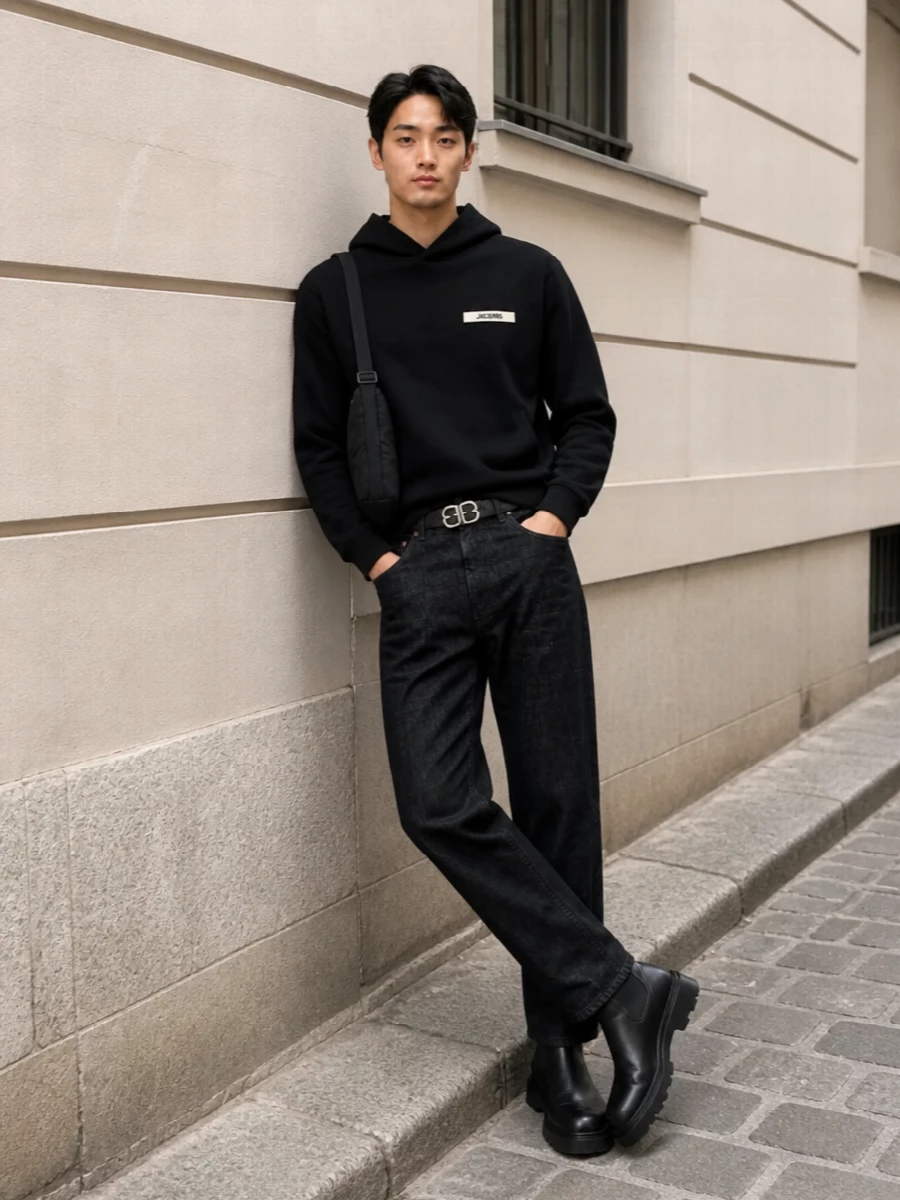 Jacquemus black hoodie jeans chelsea boots