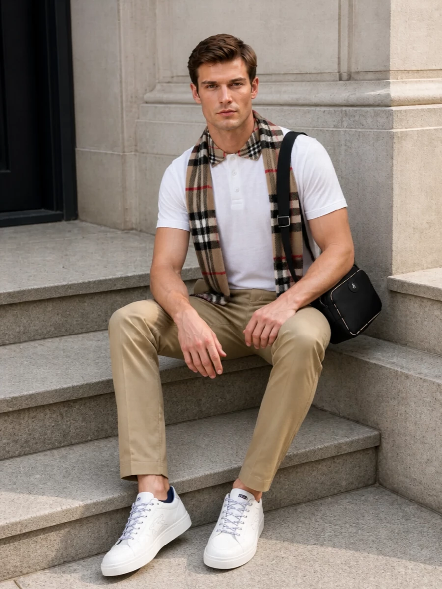 Burberry polo khaki chinos white sneakers