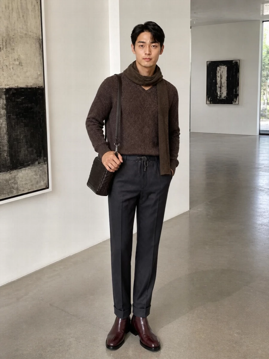 A mottled brown Margiela knit meets charcoal drawstring tailoring for a quietly polished city uniform that reads relaxed but considered. Oxblood boots and a deep espresso crossbody deepen the palette rather than shout, keeping everything tonal and rich. A brown scarf finishes the story with soft texture and subtle continuity around the face.