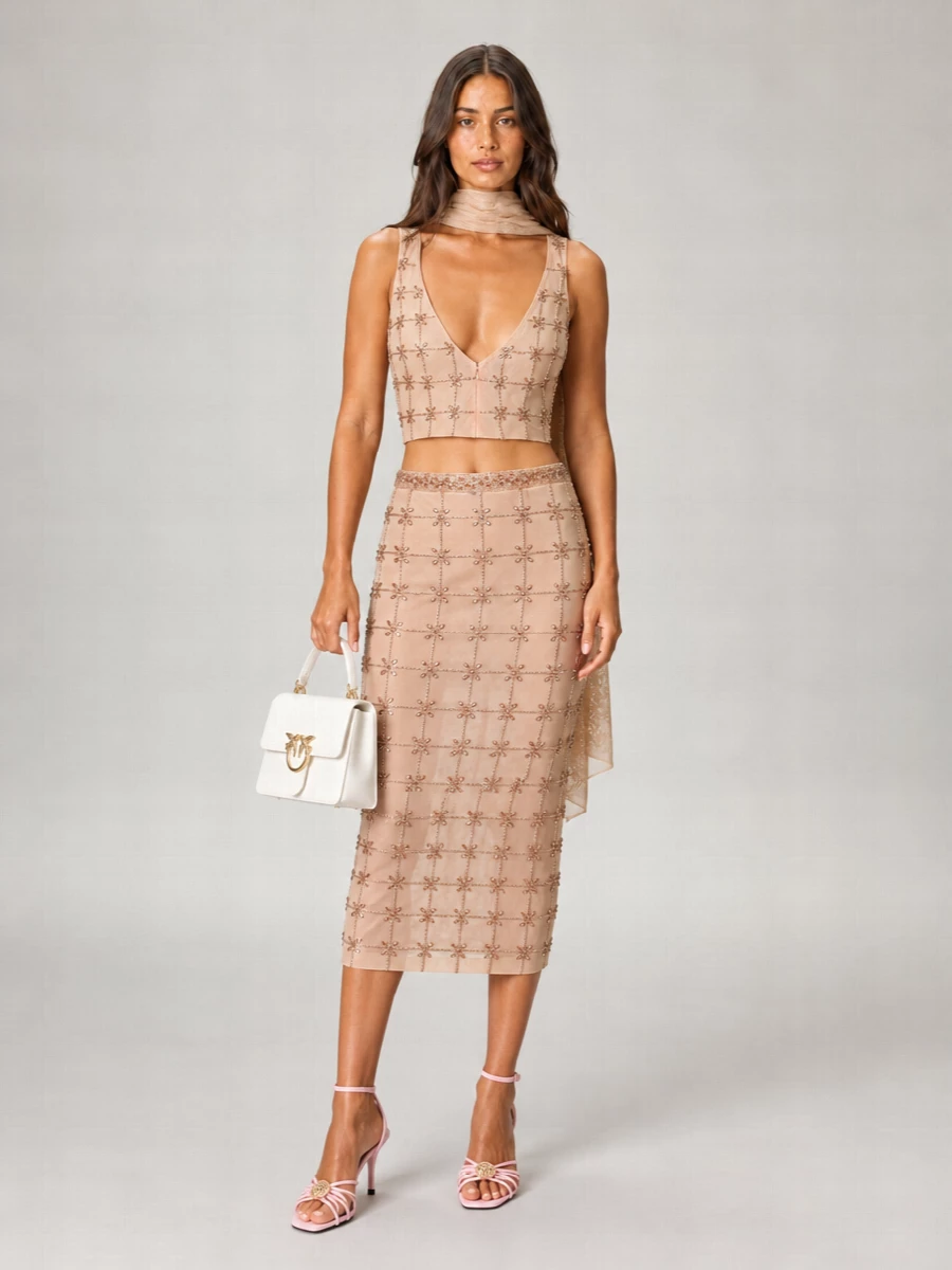 Pinko Rhinestone Mesh Sleeveless Top