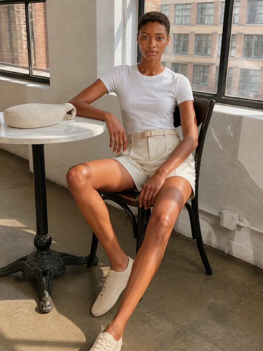 Herno ivory tee pleated shorts neutral sneakers