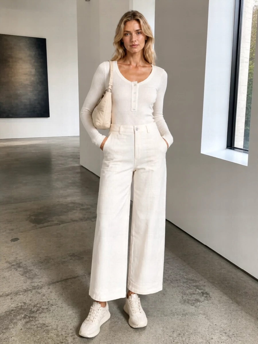 Soft ivory on ivory keeps the Chloé knit and Givenchy cropped wide-leg trouser calm and focused, with the sculpted runner adding a subtle, nostalgic edge. The Margiela hobo clutch introduces quiet texture, so the whole outfit reads modern, pared back, and city-ready for warm days. It is a polished neutral uniform that still feels fresh and a touch directional.