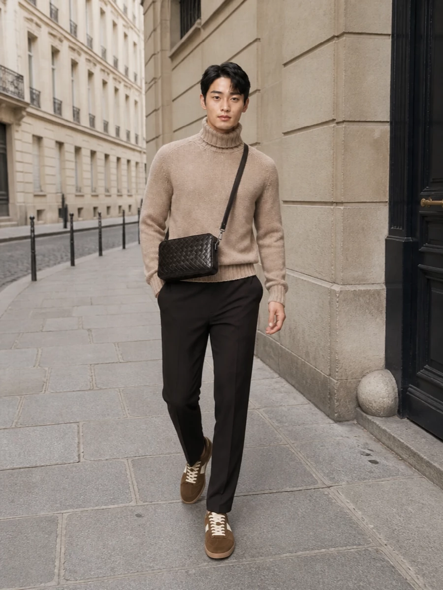 Brown tonal menswear outfit camel sneakers