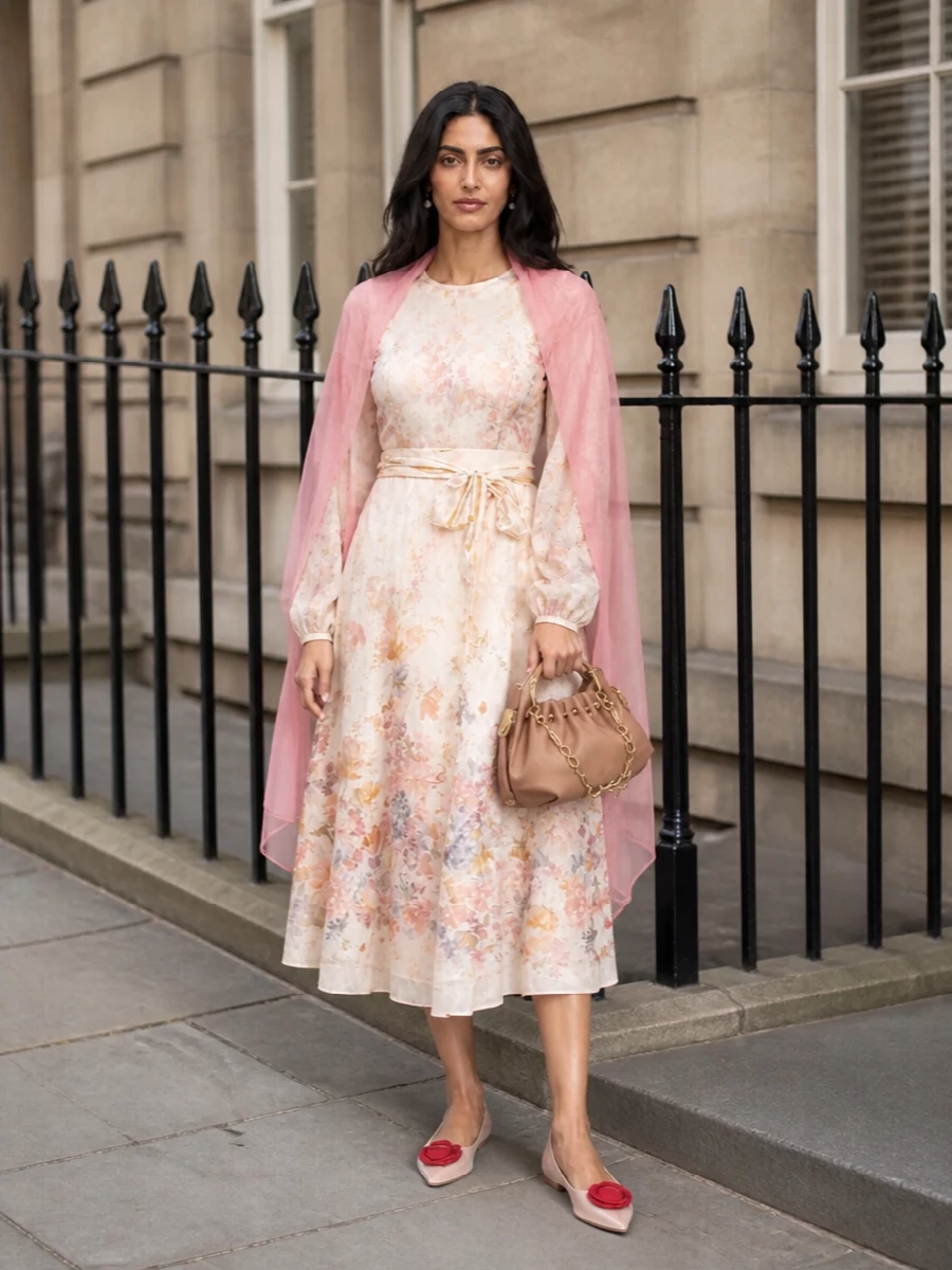Zimmermann floral midi dress blush flats
