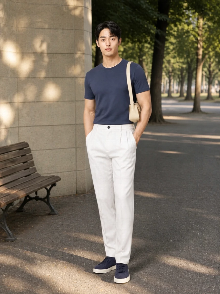 Herno navy tee off white trouser tods sneakers