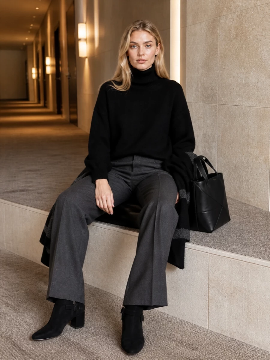 A cropped black turtleneck meets long charcoal wide-leg tailoring for a clean, elongated line that feels calm and assured. Low block-heel ankle boots and a structured black tote keep the mood minimal but considered. The oversized black and charcoal wrap adds depth and warmth while staying firmly in the same quiet, monochrome universe.