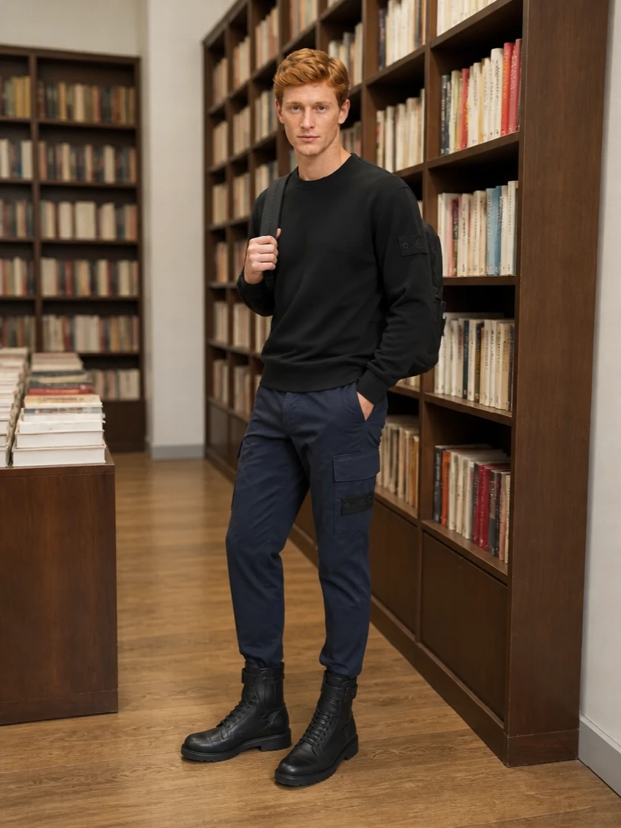 Navy cargos with a black Stone Island crewneck create a clean, technical base that feels quietly assertive rather than loud. Kiko’s paneled combat boots harden the edge just enough, while the Stone Island backpack and graphic socks keep the utility story consistent and considered for city days.