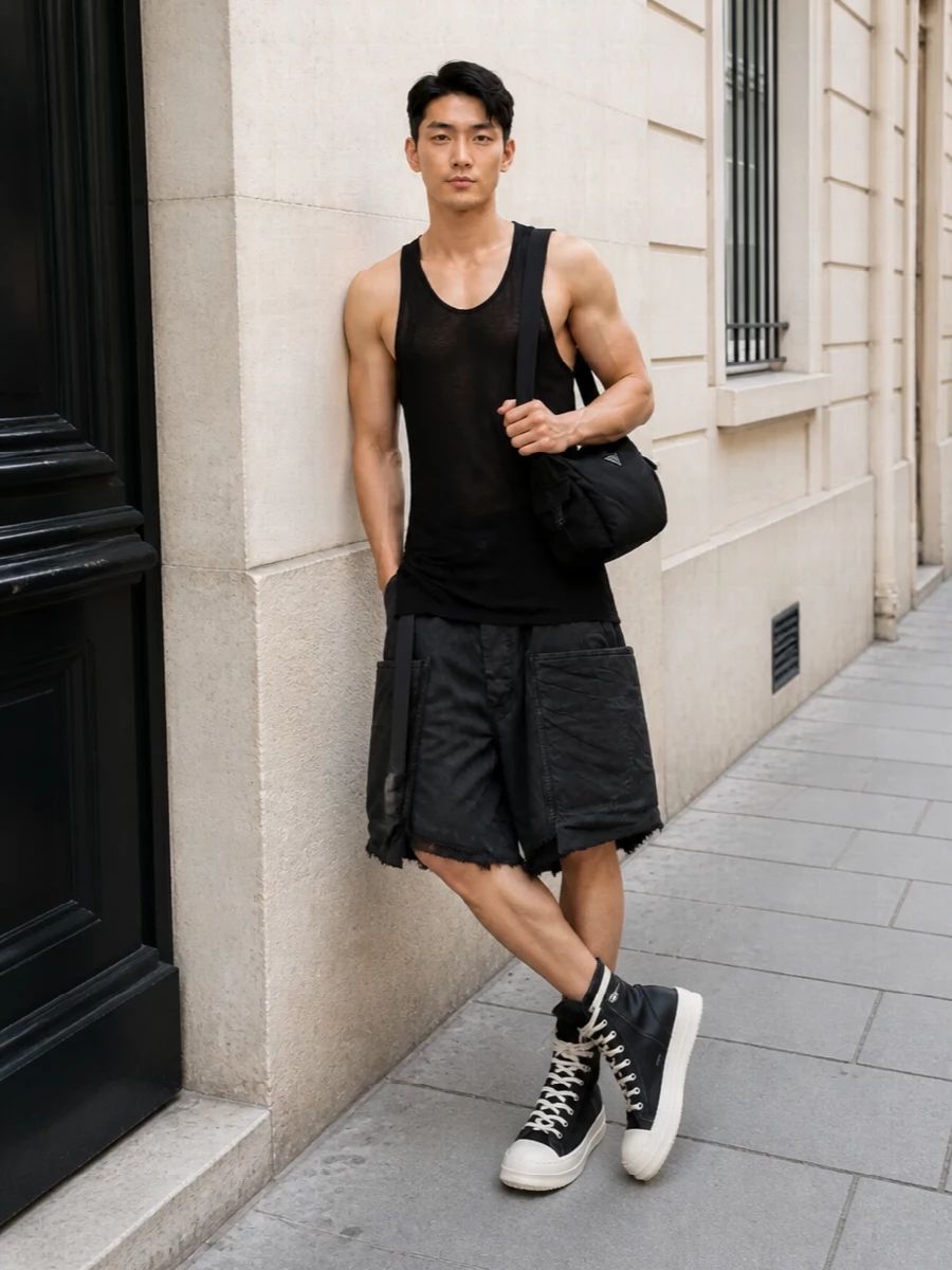 Rick owens cargo shorts sheer tank outfit