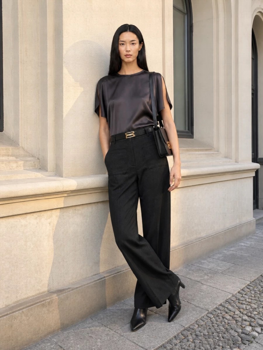 Victoria beckham charcoal wide leg trousers outfit