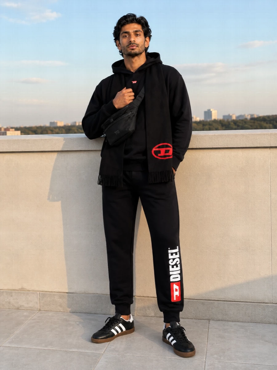 Diesel black joggers hoodie adidas sneakers outfit