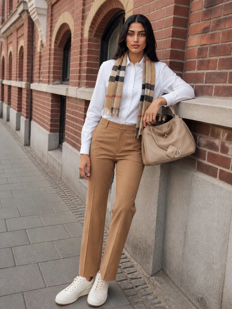 Burberry white shirt camel trousers outfit