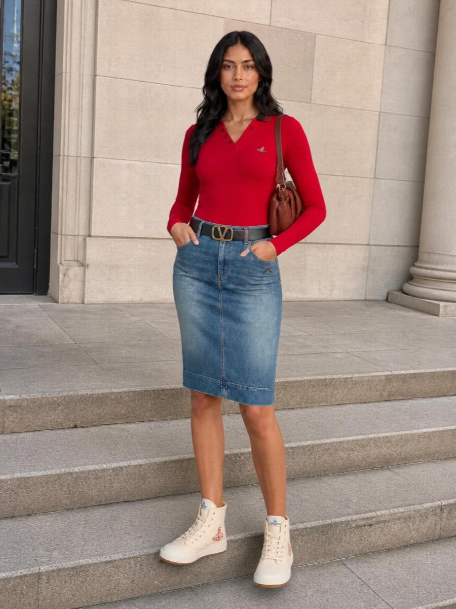Vivienne westwood red polo denim pencil skirt outfit