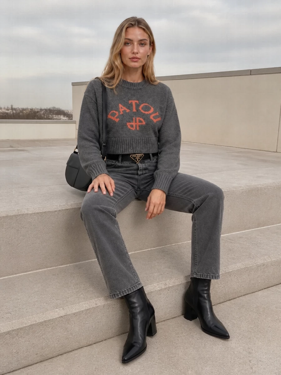 Patou grey jeans cropped sweater prada boots