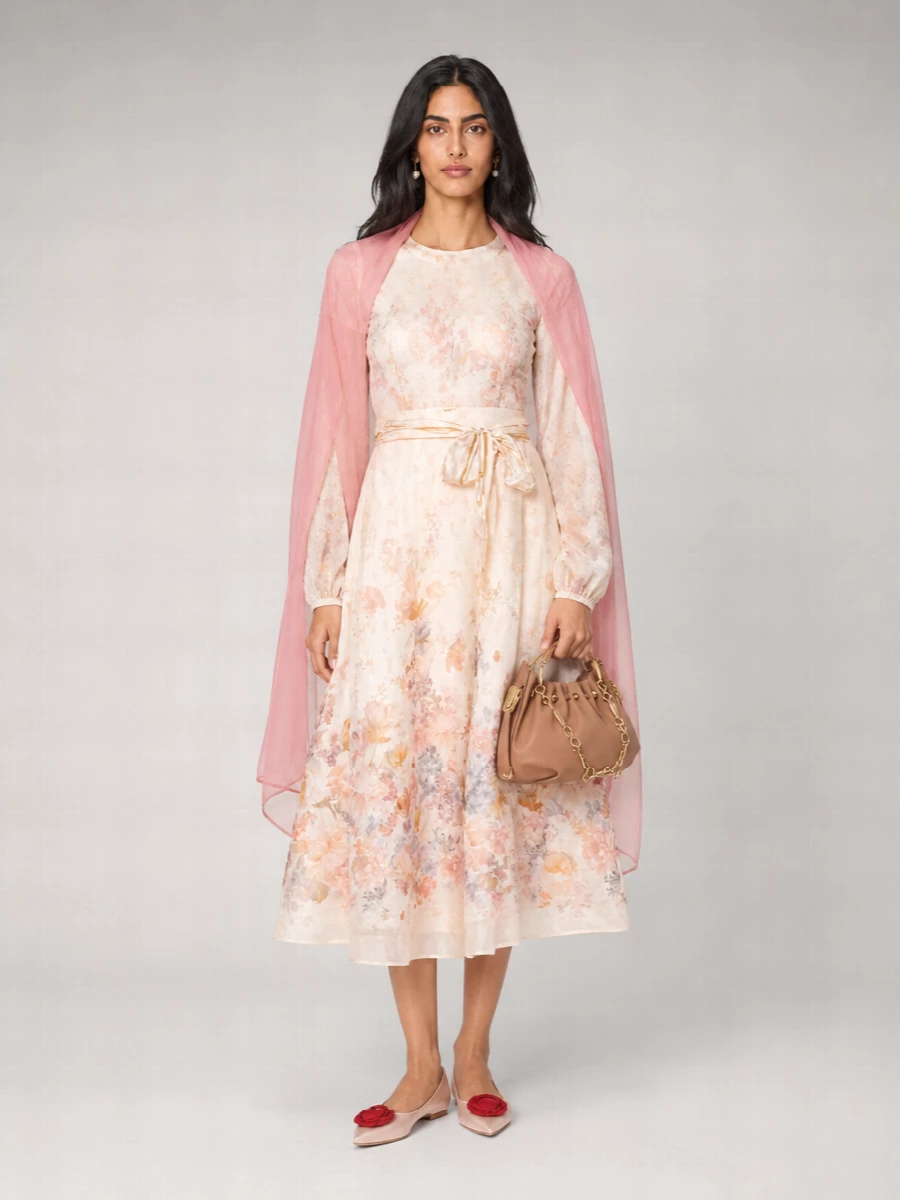 Zimmermann linen and silk floral-print high-rise a-line midi skirt