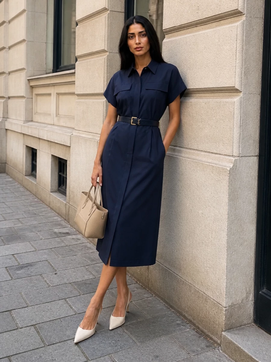 The navy belted shirt dress is elevated with cream slingback stilettos that keep the line sleek and office-to-dinner ready. A light beige structured tote introduces a soft, modern contrast, while the slim navy belt quietly sharpens the waist and ties the palette together in a very refined, understated way.