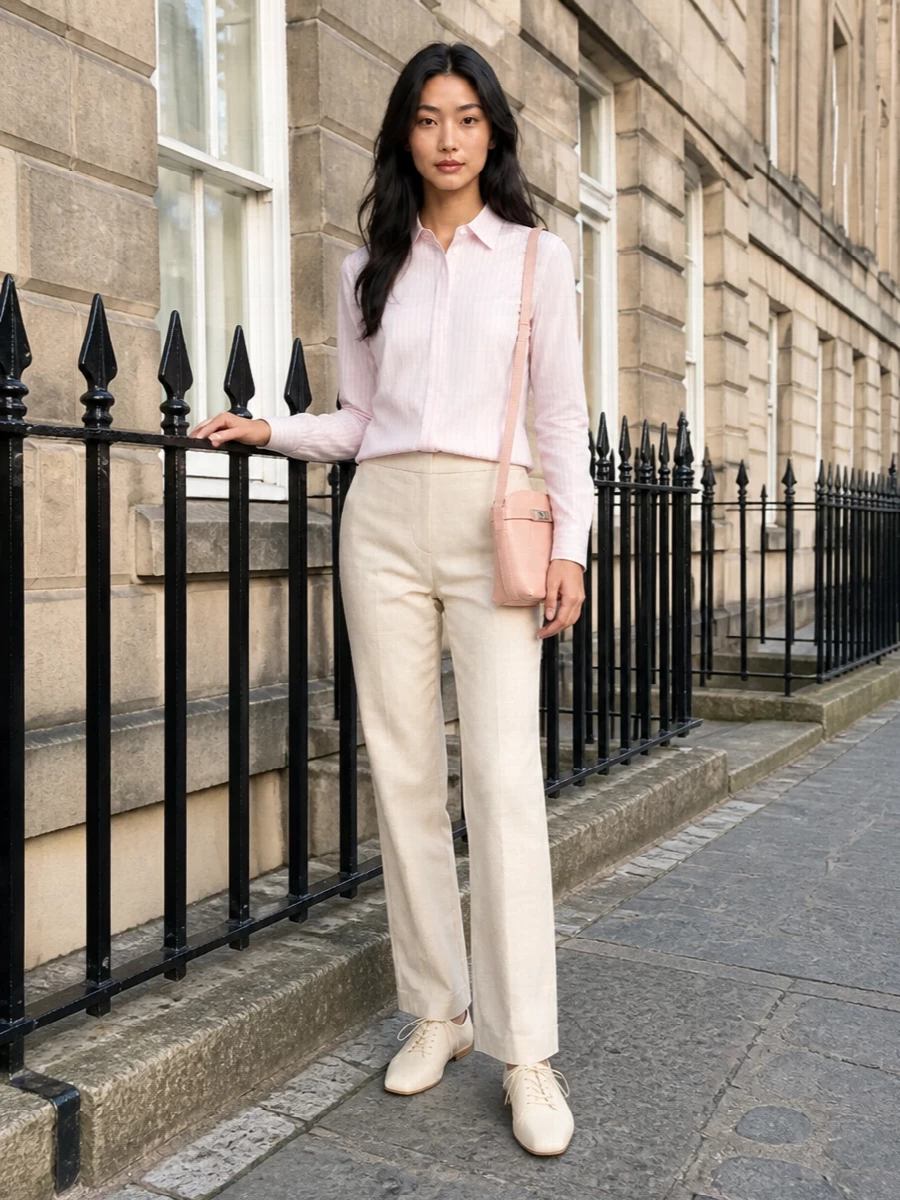 Pale blush shirting meets light-beige tailoring for a calm, polished outfit that works from desk to terrace. The straight-leg trouser and soft lace-up flat keep the silhouette clean and modern, while the blush cross-body adds just enough color. It is an easy, quietly refined way to wear tailoring on warm days without feeling formal.