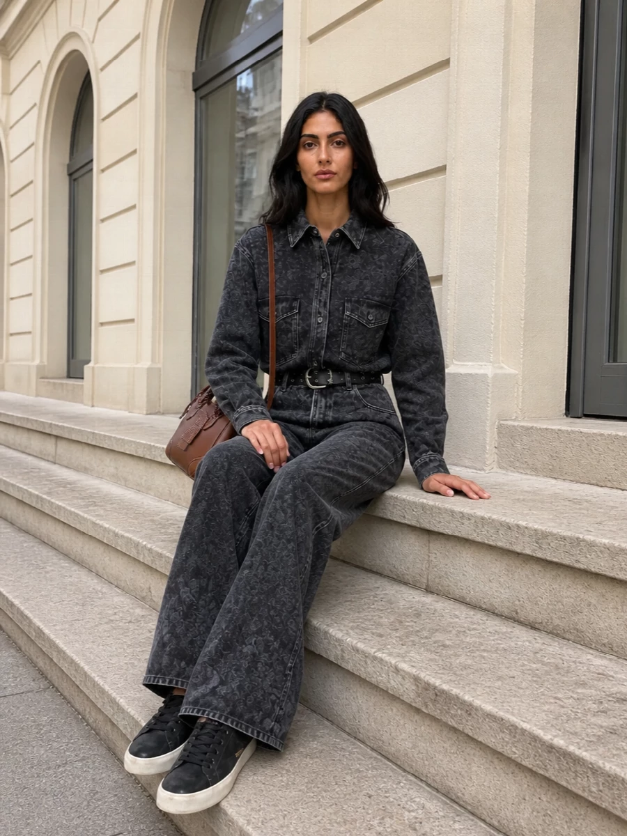 Head-to-toe charcoal floral denim sets a moody, romantic base, cinched with a hardware-detailed belt so the wide leg reads intentional rather than sloppy. Inky distressed sneakers keep the line grounded and relaxed, while the cognac crossbody adds a single warm note that feels considered instead of matchy, all sitting comfortably in that lived-in Italian street spirit.