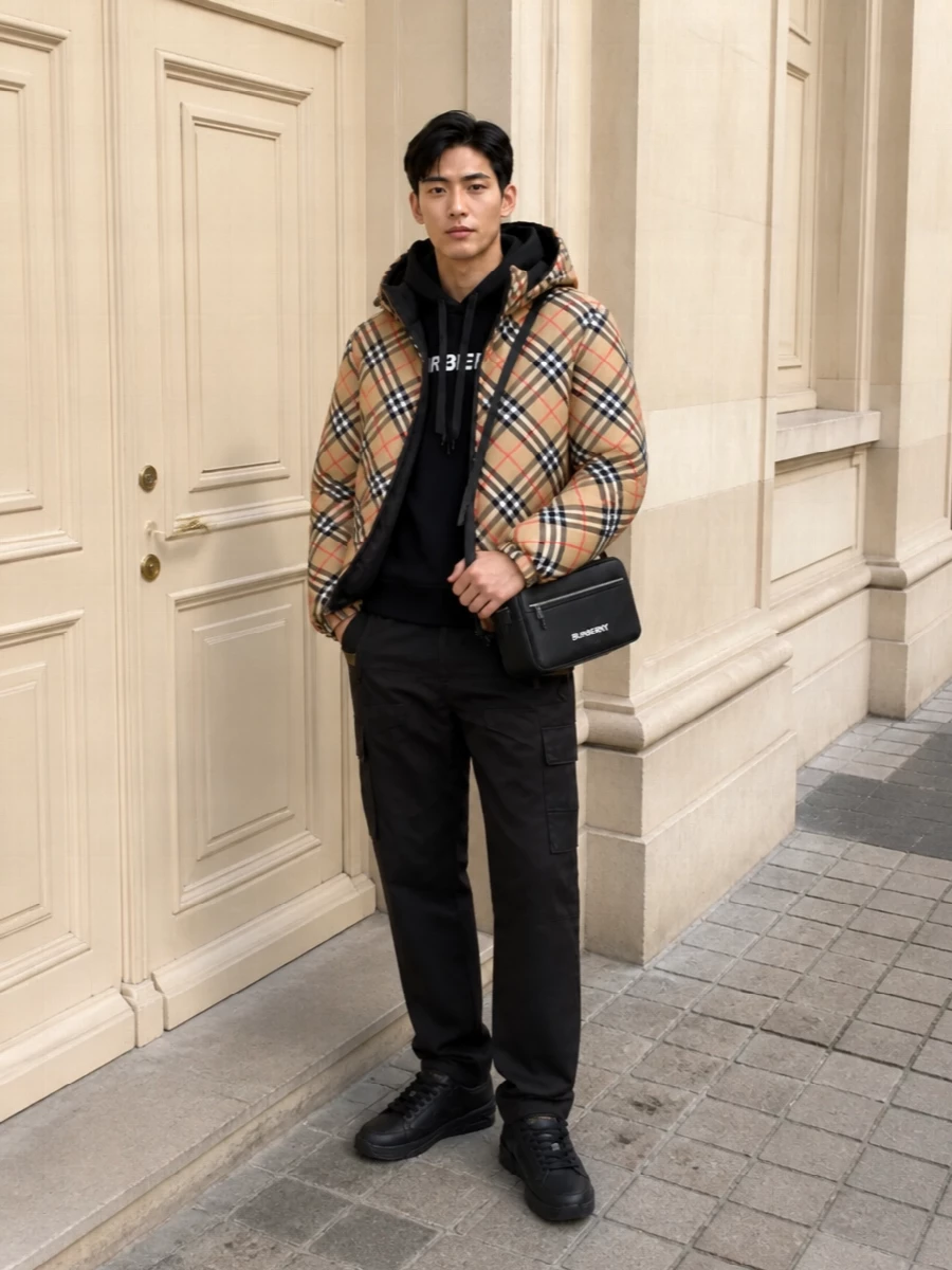 Burberry check puffer black hoodie cargo pants