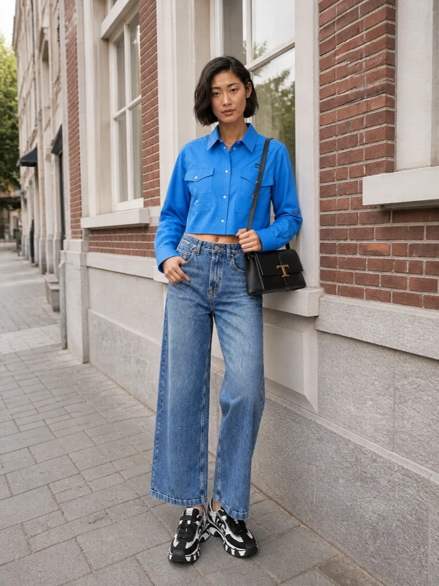 Cobalt workwear goes downtown with crisp wide-leg denim and sculpted monochrome sneakers. The proportions stay relaxed but intentional, cropped on top and strong through the leg. A structured black shoulder bag adds just enough polish for city days and late casual dinners.