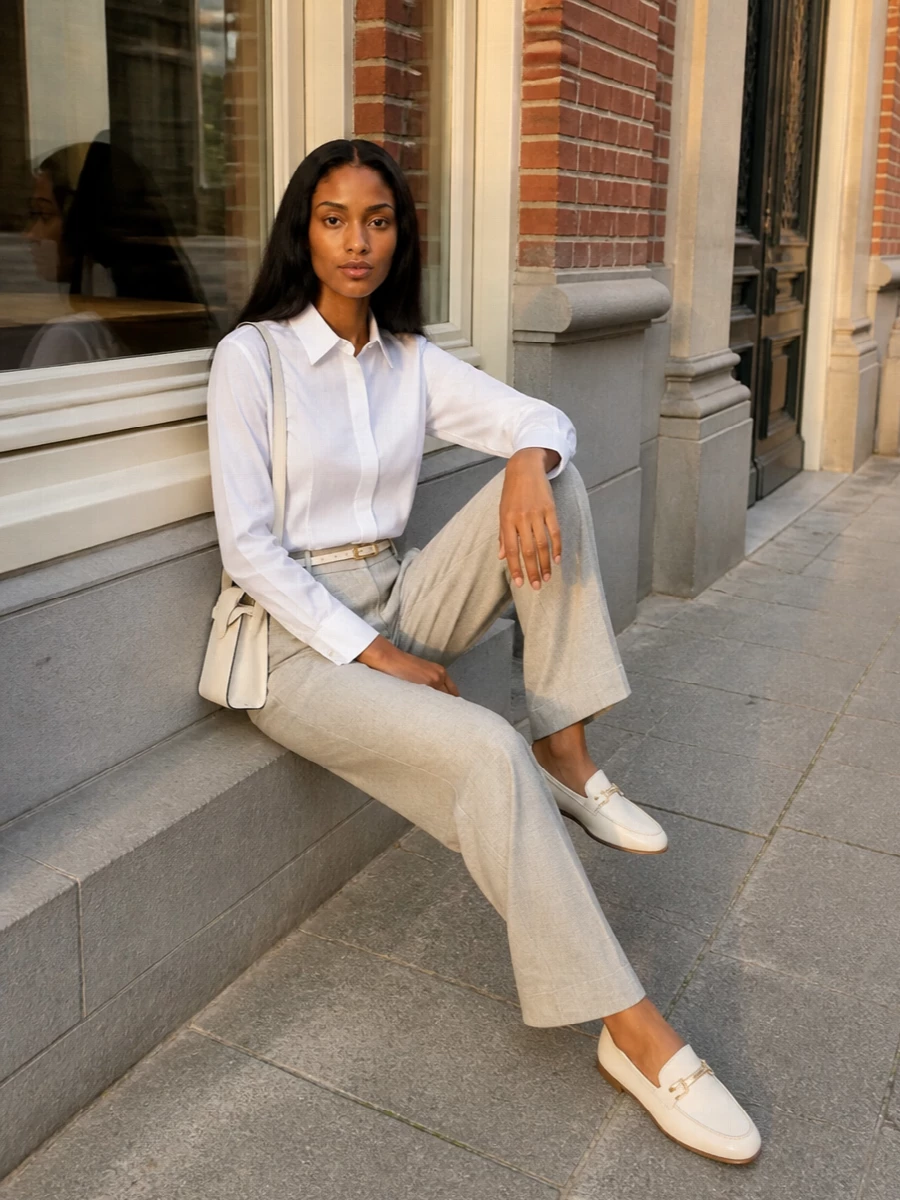 Toteme white shirt stone wide leg trousers outfit