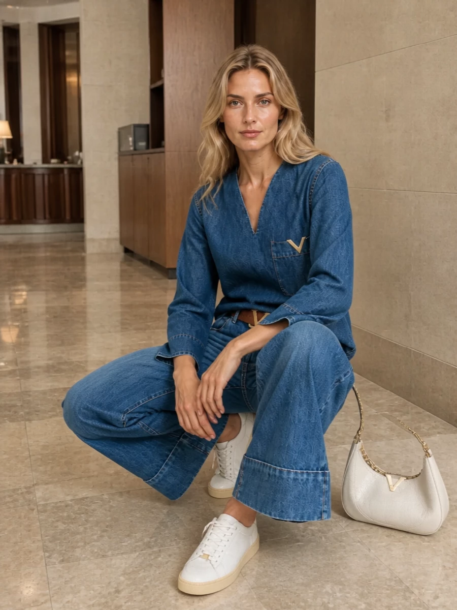 Valentino denim tunic wide leg jeans sneakers