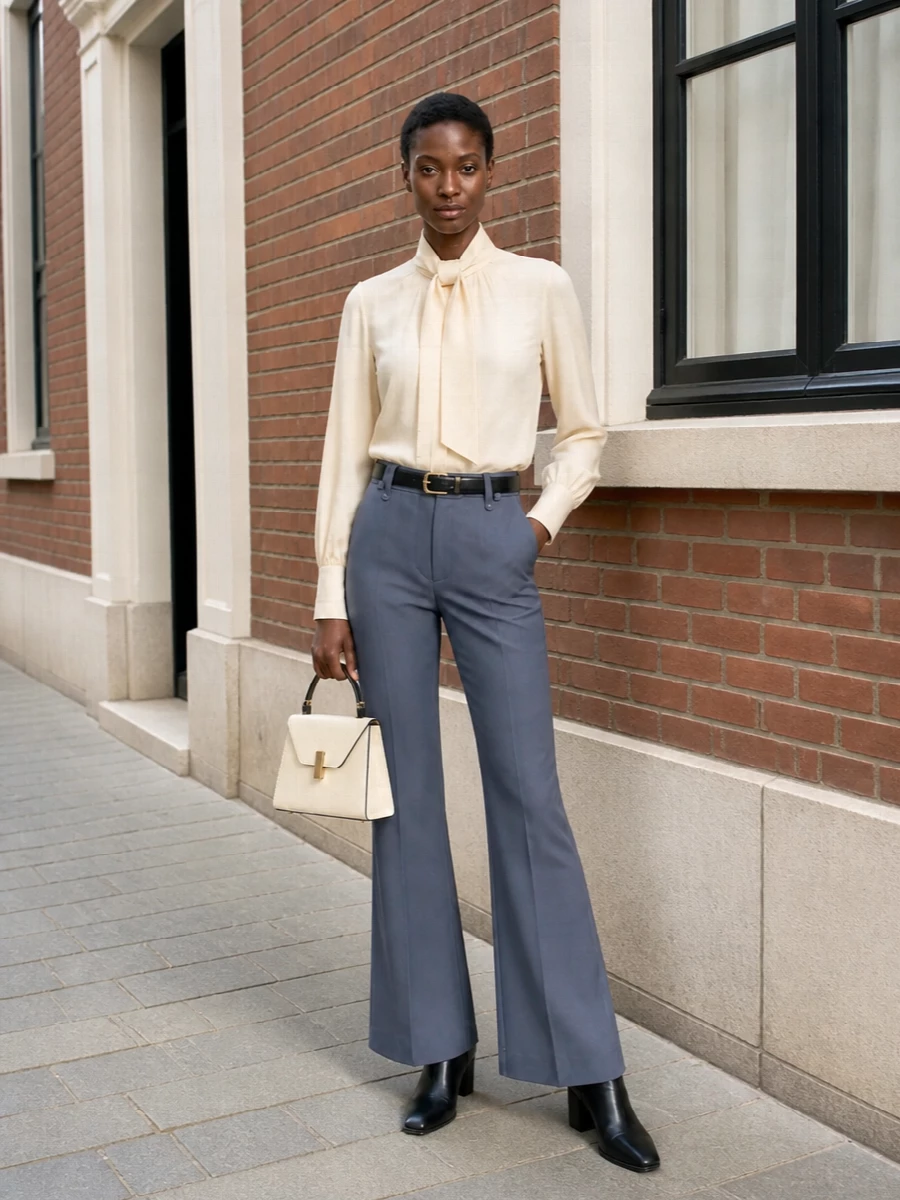 Slate flares meet a cream bow‑neck for a quietly polished take on evening tailoring. Black accessories keep the lines sharp, while the ivory top‑handle adds a clean, architectural contrast. The result is long and lean, with the high waist and subtle belt doing all the work so the fabric can move around it.