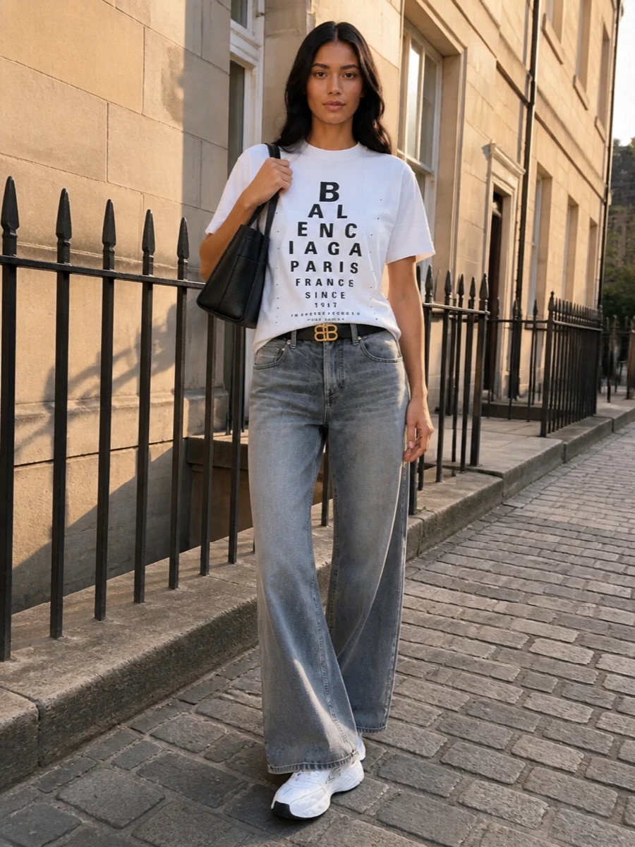 Balenciaga logo tee wide leg grey jeans outfit