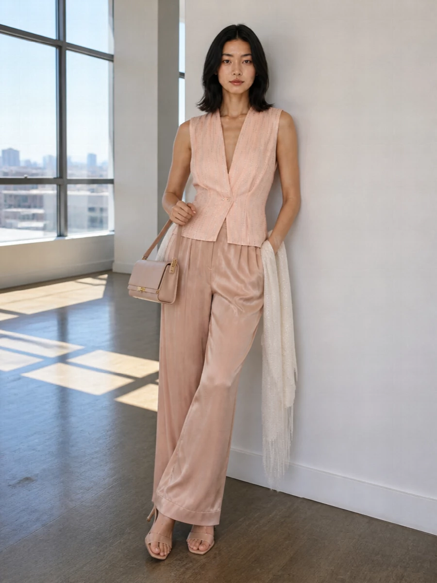 A blush Forte Forte column catches the light with every step, the satin wide-leg trouser echoing the top’s soft shimmer. Barely-there Gianvito Rossi heels keep the line clean and elongated, while a blush Dolce&Gabbana shoulder bag and a gauzy shimmer wrap finish the outfit with quiet polish for warm summer evenings. The result is feminine, fluid and refined, ideal for cocktails, weddings or intimate rooftop dinners.