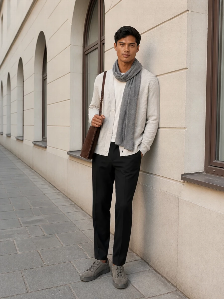 Lardini cardigan black trousers grey suede sneakers