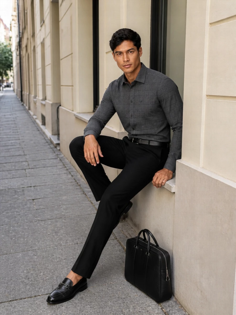 A charcoal Glen-check shirt sits over sharp black tailored trousers for a precise, monochrome take on modern office dressing. Black loafers and a slim belt keep the line clean, while the structured briefcase reinforces the quietly polished, business-first mood. The result is controlled, minimal and ready for client meetings that run straight into dinner reservations.