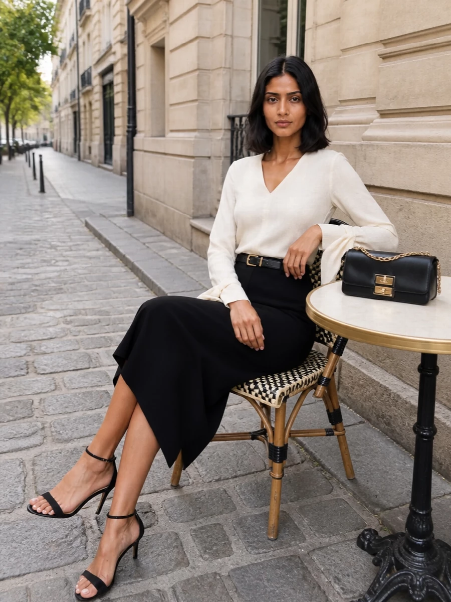 Givenchy black midi skirt ivory blouse outfit