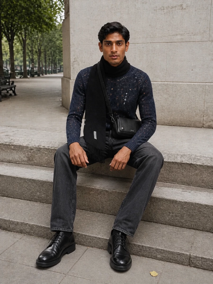 Ink navy mohair-textured knit and washed-black high-waisted denim create a low-contrast, monochrome base that feels relaxed but deliberate. Chunky black derby boots and a compact black crossbody sharpen the mood just enough, keeping everything grounded in quiet, city-facing minimalism. A slim black scarf echoes the knit’s texture and soft white highlights, finishing the outfit with a precise vertical line.