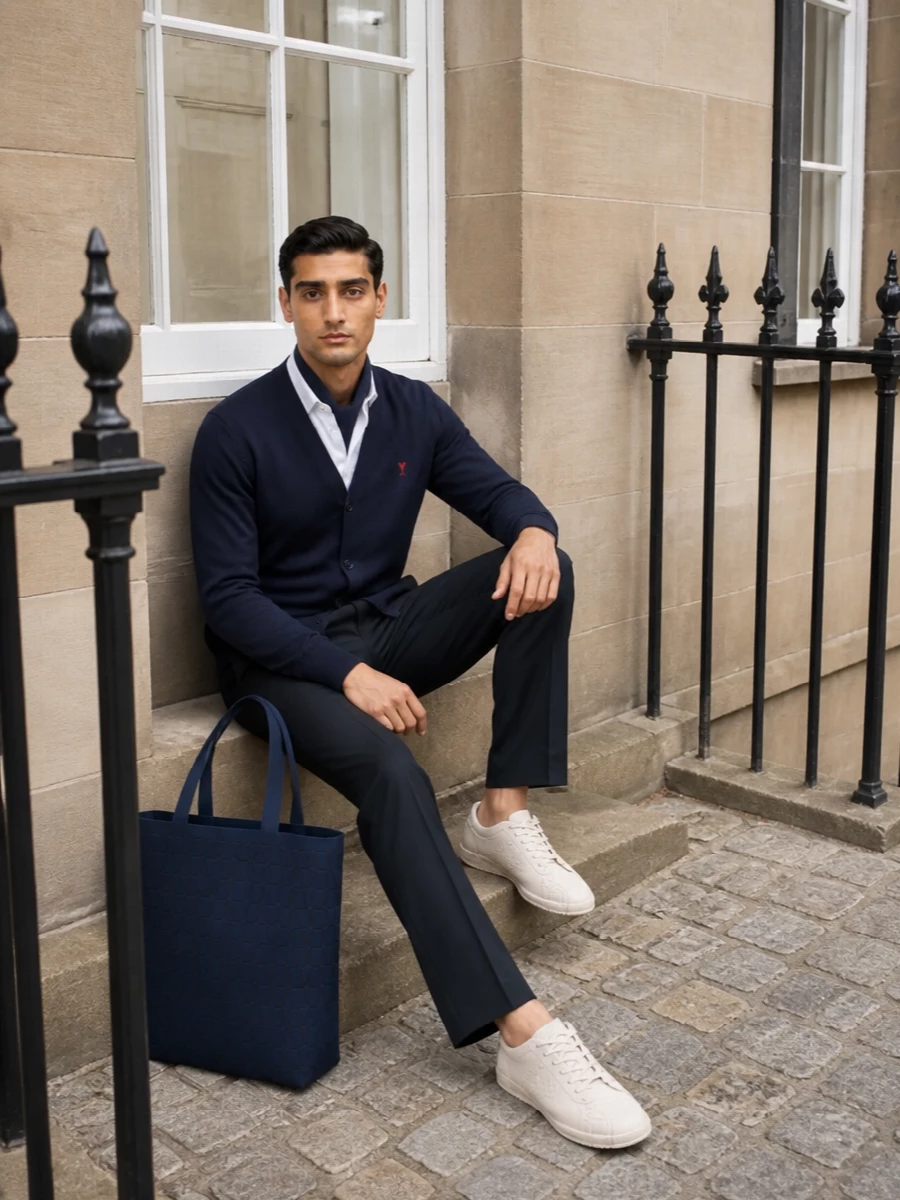 A navy-on-navy base keeps the focus on proportion and texture, with the cardigan and tailored trouser reading quietly precise rather than stiff. Cream sneakers and a structured navy tote introduce just enough contrast for daytime, so the outfit moves easily from desk to off-duty without ever feeling overthought.