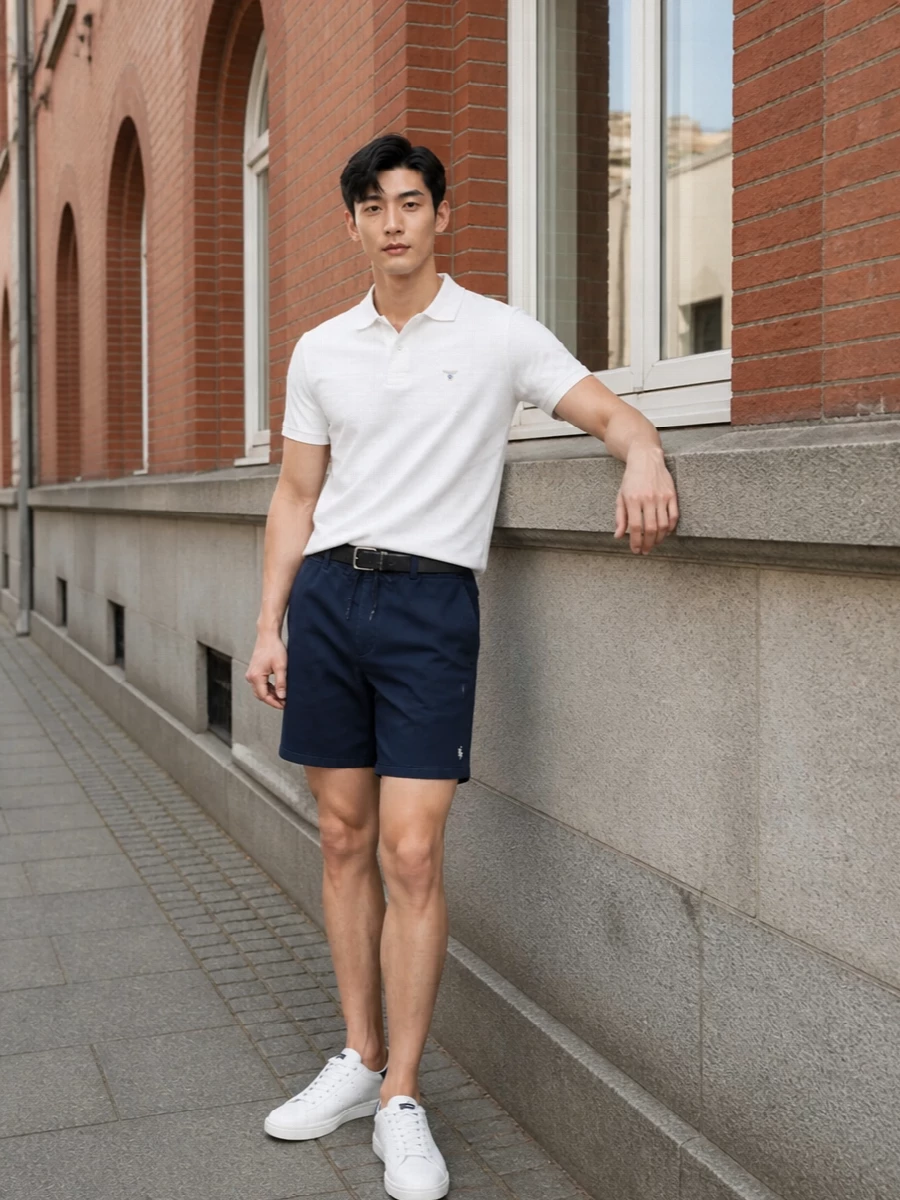 A white Barbour polo meets navy deck shorts for a clean, collegiate summer uniform that feels easy but still considered. White and navy court sneakers keep everything sharp without shouting, while the indigo A.P.C. tote and simple navy belt finish it with low-key structure. It is the kind of outfit that works for a beach-town coffee run, a casual lunch, or a relaxed Friday in the city.