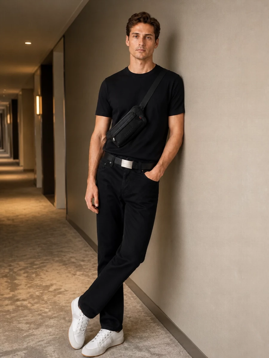 Gucci black tee armani jeans white sneakers