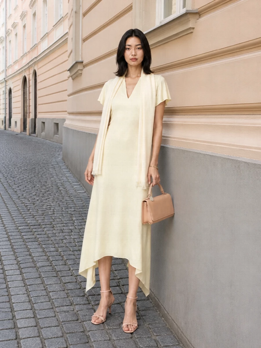 A soft butter midi is paired with blush-nude heels and a petite nude top handle for a romantic, quietly polished summer occasion outfit. The clean gold cuff and tonal stole keep everything light and restrained, letting the dress’s movement and subtle color do the work.