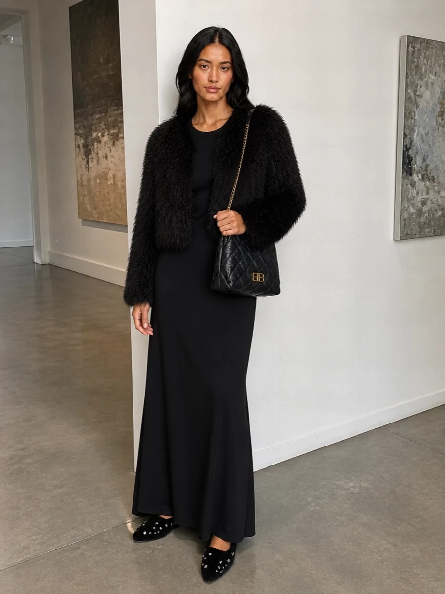 Balenciaga black maxi dress faux fur jacket