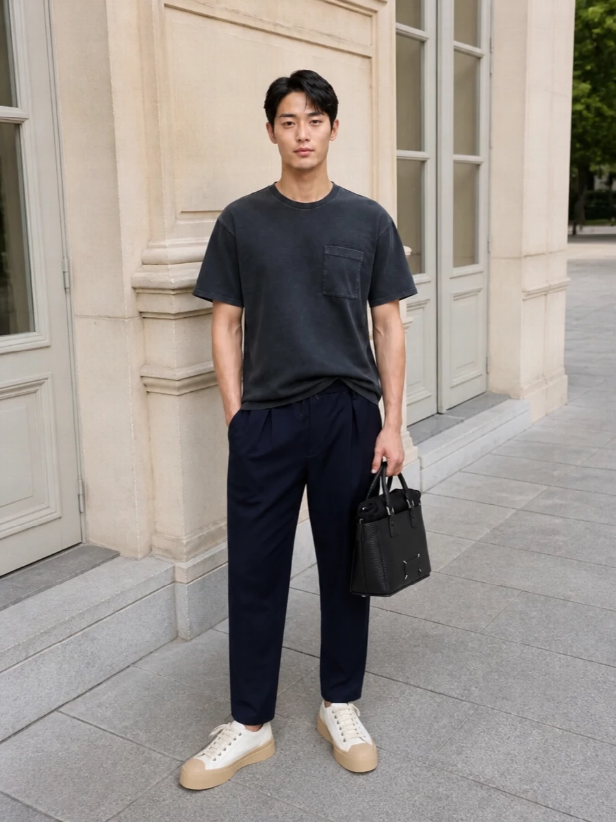 Marni charcoal tee navy drawstring trousers