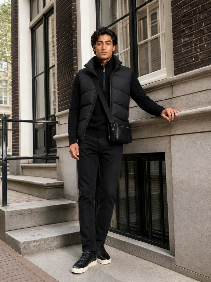 Tom ford black gilet jeans sneakers outfit