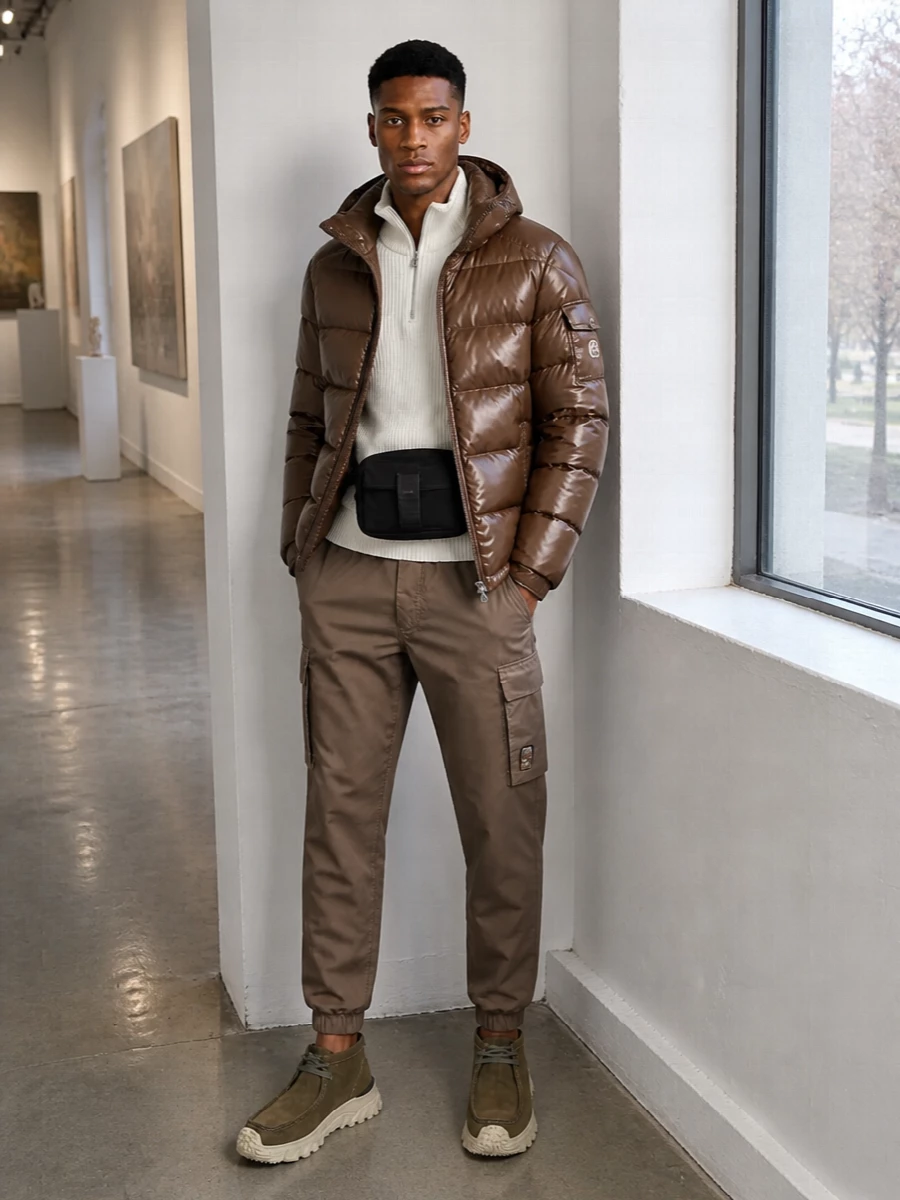 Moncler brown puffer taupe cargo pants outfit
