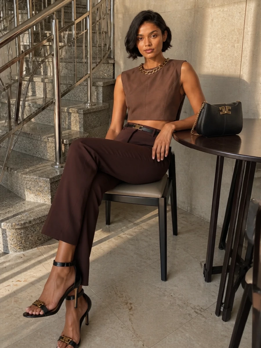 Elisabetta franchi brown crop top trouser outfit