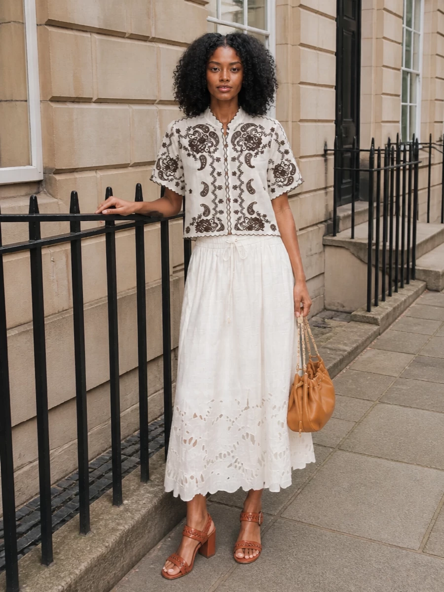 Zimmermann ivory midi skirt outfit tan sandals