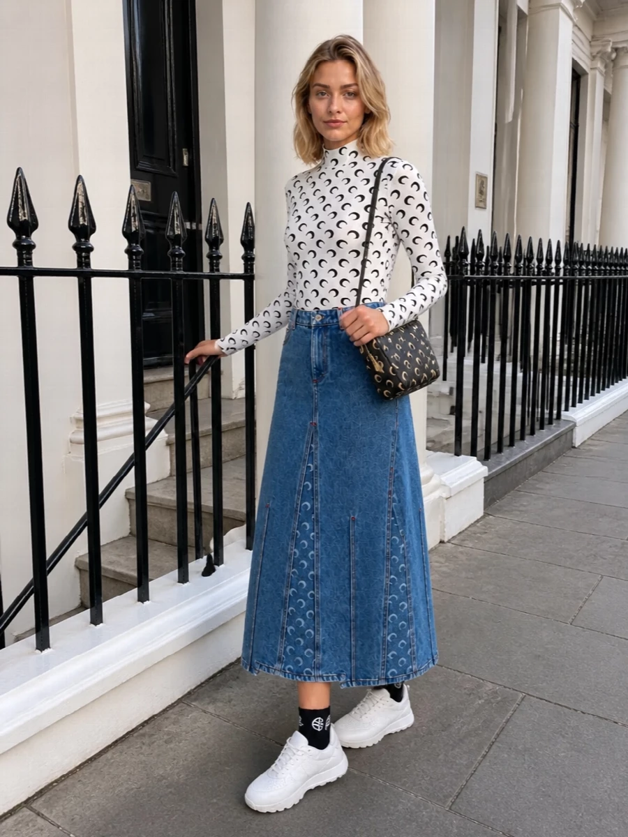 Marine Serre’s moon-print turtleneck meets its denim maxi counterpart for a graphic yet grounded take on street-sport dressing. The long, structured skirt tempers the top’s second-skin energy, while white runners keep the mood agile and modern. A compact moon-print shoulder bag finishes the set with a tight, logo-forward hit that still feels easy for daytime in the city.