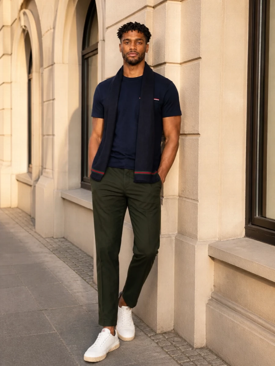 Thom browne navy tee olive trousers sneakers