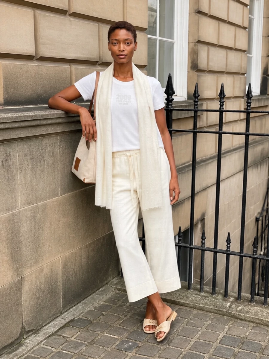 A white logo tee meets light cream cropped trousers for a clean, neutral take on relaxed polish. Butter-beige slides and a warm canvas shoulder bag keep the mood soft and understated for warm city days. An ivory scarf adds a whisper of texture while staying firmly in the quiet-luxury palette.